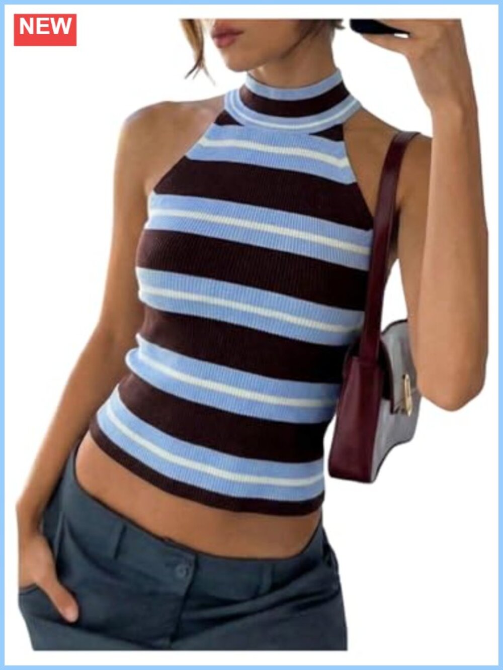 Halter Neck Sleeveless Knit Sweater Tank Cropped Striped Y2K Top